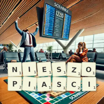 Kreatywna ilustracja do gry w Scrabble ze słowem NIESZOPIASCI ułożonym z płytek na planszy.
