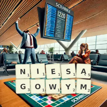 Kreatywna ilustracja do gry w Scrabble ze słowem NIESĄGOWYM ułożonym z płytek na planszy.