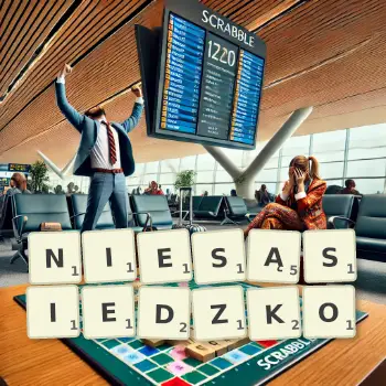 Kreatywna ilustracja do gry w Scrabble ze słowem NIESĄSIEDZKO ułożonym z płytek na planszy.