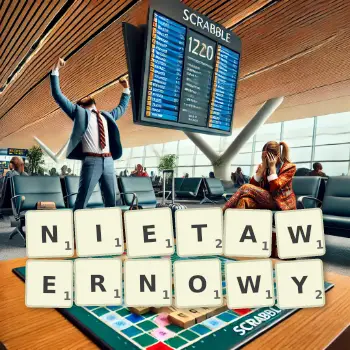 Kreatywna ilustracja do gry w Scrabble ze słowem NIETAWERNOWY ułożonym z płytek na planszy.