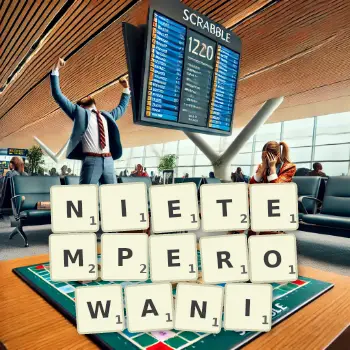 Kreatywna ilustracja do gry w Scrabble ze słowem NIETEMPEROWANI ułożonym z płytek na planszy.