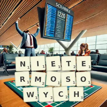 Kreatywna ilustracja do gry w Scrabble ze słowem NIETERMOSOWYCH ułożonym z płytek na planszy.