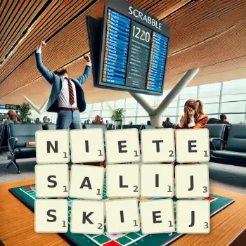 Kreatywna ilustracja do gry w Scrabble ze słowem NIETESALIJSKIEJ ułożonym z płytek na planszy.