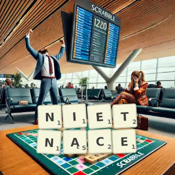 Kreatywna ilustracja do gry w Scrabble ze słowem NIETNĄCE ułożonym z płytek na planszy.