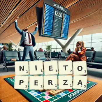 Kreatywna ilustracja do gry w Scrabble ze słowem NIETOPERZĄ ułożonym z płytek na planszy.