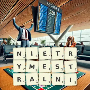 Kreatywna ilustracja do gry w Scrabble ze słowem NIETRYMESTRALNI ułożonym z płytek na planszy.