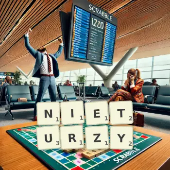 Kreatywna ilustracja do gry w Scrabble ze słowem NIETURZY ułożonym z płytek na planszy.