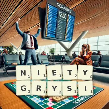 Kreatywna ilustracja do gry w Scrabble ze słowem NIETYGRYSI ułożonym z płytek na planszy.
