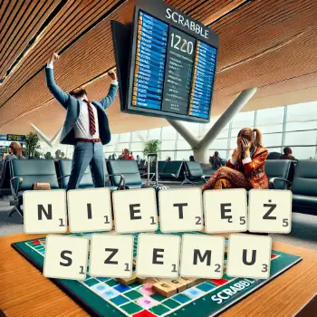 Kreatywna ilustracja do gry w Scrabble ze słowem NIETĘŻSZEMU ułożonym z płytek na planszy.