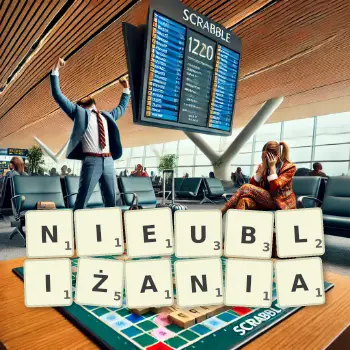 Kreatywna ilustracja do gry w Scrabble ze słowem NIEUBLIŻANIA ułożonym z płytek na planszy.