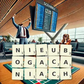 Kreatywna ilustracja do gry w Scrabble ze słowem NIEUBOGACANIACH ułożonym z płytek na planszy.
