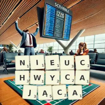 Kreatywna ilustracja do gry w Scrabble ze słowem NIEUCHWYCAJĄCA ułożonym z płytek na planszy.