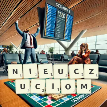 Kreatywna ilustracja do gry w Scrabble ze słowem NIEUCZUCIOM ułożonym z płytek na planszy.