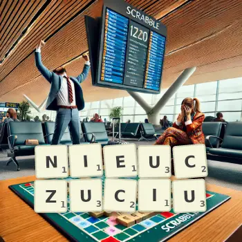 Kreatywna ilustracja do gry w Scrabble ze słowem NIEUCZUCIU ułożonym z płytek na planszy.
