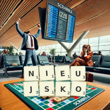 Kreatywna ilustracja do gry w Scrabble ze słowem NIEUJSKO ułożonym z płytek na planszy.