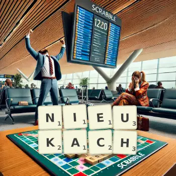 Kreatywna ilustracja do gry w Scrabble ze słowem NIEUKACH ułożonym z płytek na planszy.