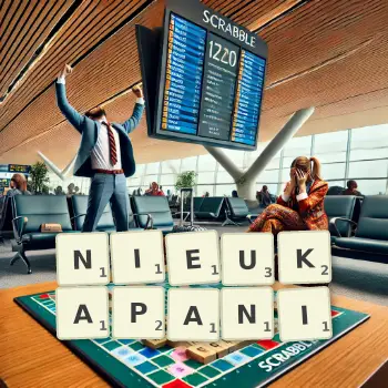 Kreatywna ilustracja do gry w Scrabble ze słowem NIEUKAPANI ułożonym z płytek na planszy.