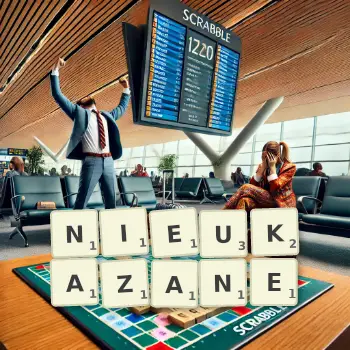 Kreatywna ilustracja do gry w Scrabble ze słowem NIEUKAZANE ułożonym z płytek na planszy.