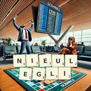 Kreatywna ilustracja do gry w Scrabble ze słowem NIEULEGLI ułożonym z płytek na planszy.