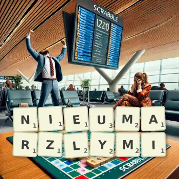Kreatywna ilustracja do gry w Scrabble ze słowem NIEUMARZLYMI ułożonym z płytek na planszy.