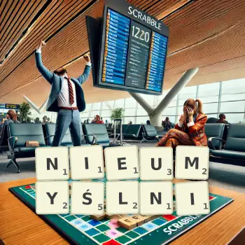 Kreatywna ilustracja do gry w Scrabble ze słowem NIEUMYŚLNI ułożonym z płytek na planszy.