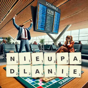 Kreatywna ilustracja do gry w Scrabble ze słowem NIEUPADLANIE ułożonym z płytek na planszy.