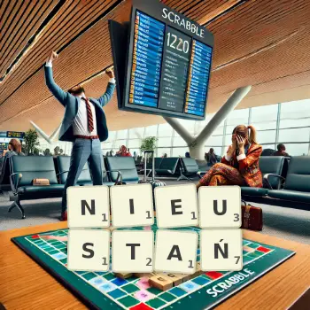 Kreatywna ilustracja do gry w Scrabble ze słowem NIEUSTAŃ ułożonym z płytek na planszy.