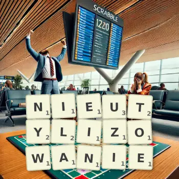 Kreatywna ilustracja do gry w Scrabble ze słowem NIEUTYLIZOWANIE ułożonym z płytek na planszy.