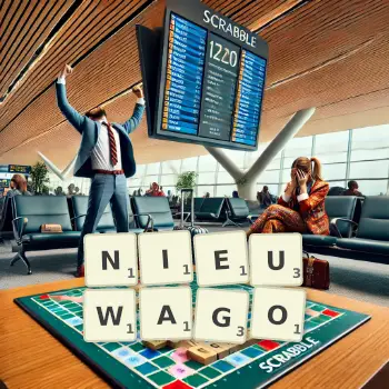 Kreatywna ilustracja do gry w Scrabble ze słowem NIEUWAGO ułożonym z płytek na planszy.