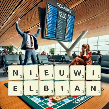 Kreatywna ilustracja do gry w Scrabble ze słowem NIEUWIELBIAN ułożonym z płytek na planszy.