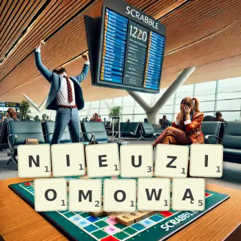Kreatywna ilustracja do gry w Scrabble ze słowem NIEUZIOMOWĄ ułożonym z płytek na planszy.