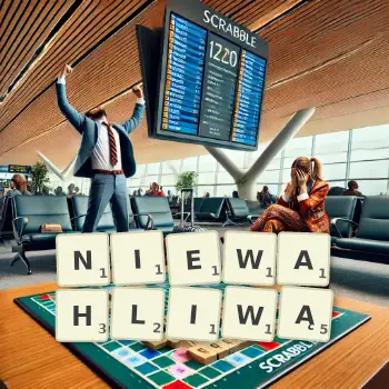 Kreatywna ilustracja do gry w Scrabble ze słowem NIEWAHLIWĄ ułożonym z płytek na planszy.