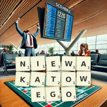 Kreatywna ilustracja do gry w Scrabble ze słowem NIEWAKATOWEGO ułożonym z płytek na planszy.