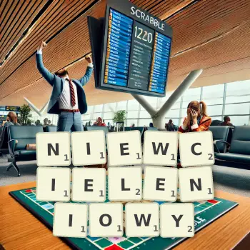 Kreatywna ilustracja do gry w Scrabble ze słowem NIEWCIELENIOWY ułożonym z płytek na planszy.