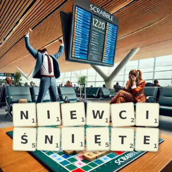 Kreatywna ilustracja do gry w Scrabble ze słowem NIEWCIŚNIĘTE ułożonym z płytek na planszy.