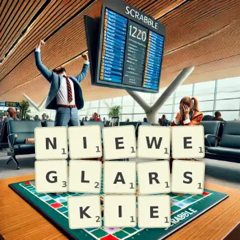 Kreatywna ilustracja do gry w Scrabble ze słowem NIEWEGLARSKIE ułożonym z płytek na planszy.