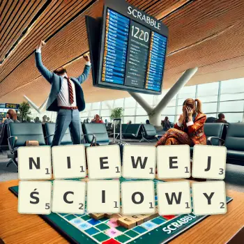 Kreatywna ilustracja do gry w Scrabble ze słowem NIEWEJŚCIOWY ułożonym z płytek na planszy.