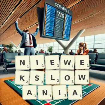 Kreatywna ilustracja do gry w Scrabble ze słowem NIEWEKSLOWANIA ułożonym z płytek na planszy.