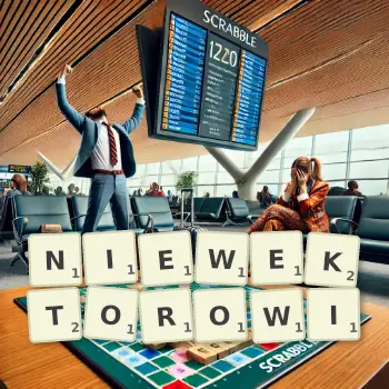Kreatywna ilustracja do gry w Scrabble ze słowem NIEWEKTOROWI ułożonym z płytek na planszy.
