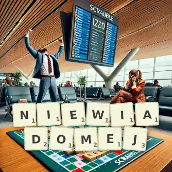 Kreatywna ilustracja do gry w Scrabble ze słowem NIEWIADOMEJ ułożonym z płytek na planszy.