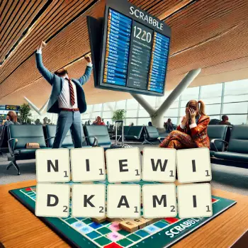 Kreatywna ilustracja do gry w Scrabble ze słowem NIEWIDKAMI ułożonym z płytek na planszy.