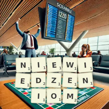 Kreatywna ilustracja do gry w Scrabble ze słowem NIEWIEDZENIOM ułożonym z płytek na planszy.