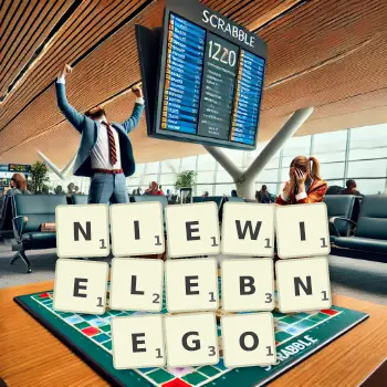 Kreatywna ilustracja do gry w Scrabble ze słowem NIEWIELEBNEGO ułożonym z płytek na planszy.