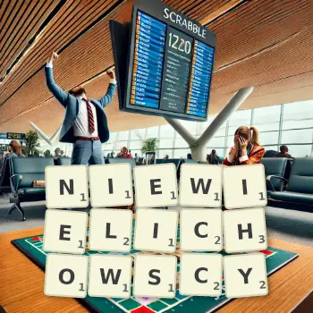 Kreatywna ilustracja do gry w Scrabble ze słowem NIEWIELICHOWSCY ułożonym z płytek na planszy.