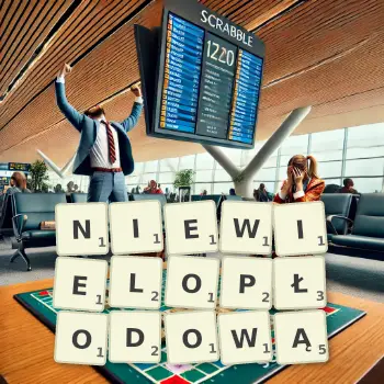 Kreatywna ilustracja do gry w Scrabble ze słowem NIEWIELOPŁODOWĄ ułożonym z płytek na planszy.