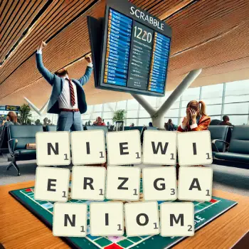 Kreatywna ilustracja do gry w Scrabble ze słowem NIEWIERZGANIOM ułożonym z płytek na planszy.