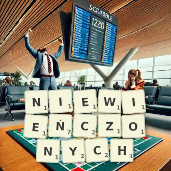 Kreatywna ilustracja do gry w Scrabble ze słowem NIEWIEŃCZONYCH ułożonym z płytek na planszy.
