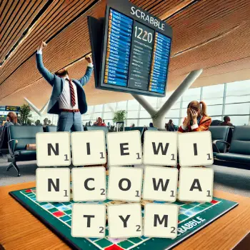 Kreatywna ilustracja do gry w Scrabble ze słowem NIEWINCOWATYM ułożonym z płytek na planszy.