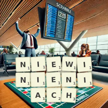Kreatywna ilustracja do gry w Scrabble ze słowem NIEWINIENIACH ułożonym z płytek na planszy.