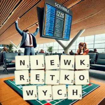 Kreatywna ilustracja do gry w Scrabble ze słowem NIEWKRĘTKOWYCH ułożonym z płytek na planszy.